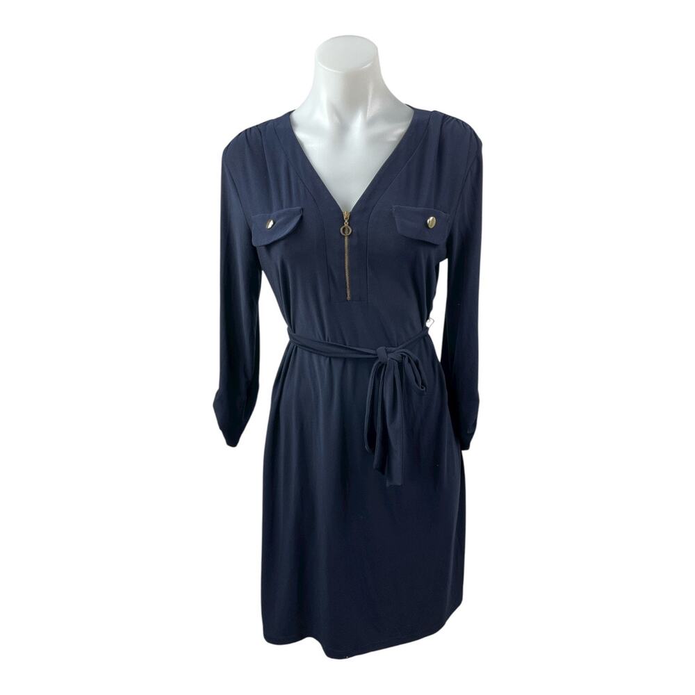 Emma & Michelle Navy Blue Long Sleeve Zip Pocket Tie Waist Mini Shirt Dress Sz S